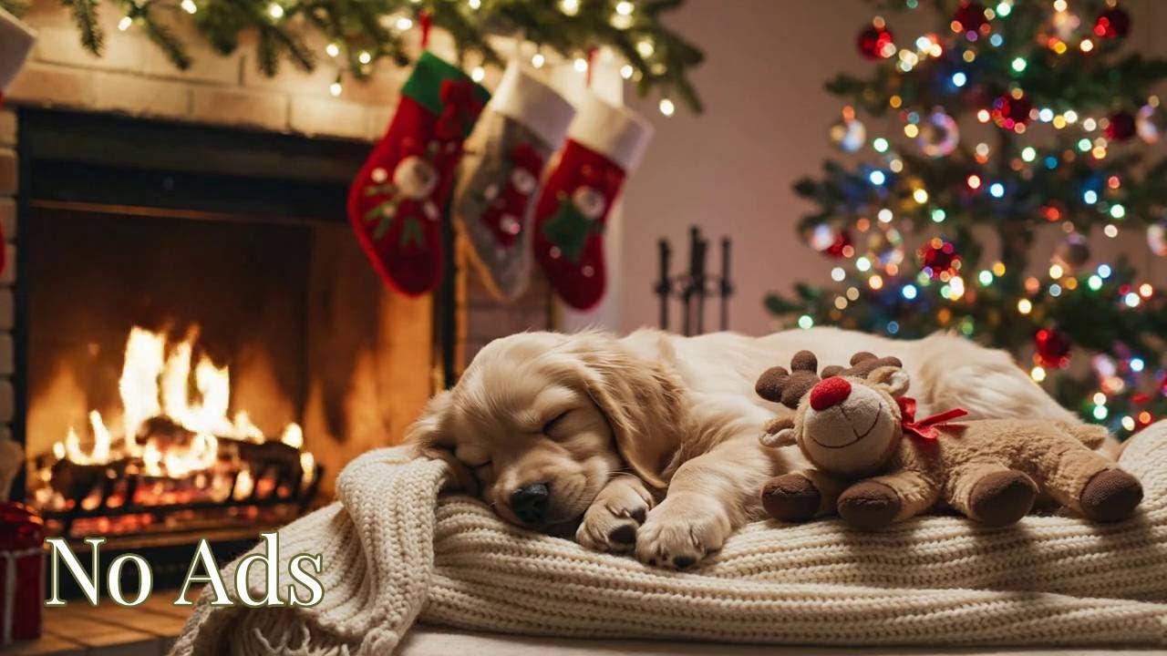 🔴 Cozy Christmas Night: Deep Sleep Puppy Music & Fireplace Ambience for Stress Relief 🎄🐾