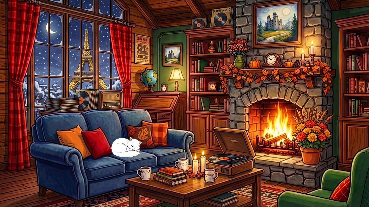 1940s Vintage Night with Disney Oldies Playing in Another Room | Cozy Fireplace Crackling Sounds