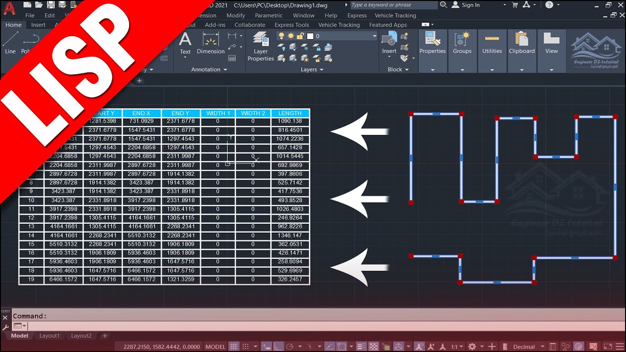 ليسب لاستخراج احداثيات بداية ونهاية + أطوال جميع أضلاع Polyline في جداول Excel بضغطة واحدة AutoCAD