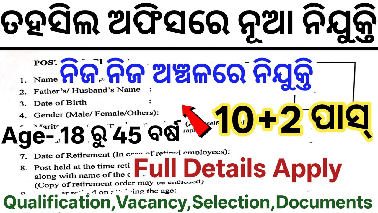 Odisha Tahasil Office Recruitment 2025// +2 Pass Odisha Govt Jobs// New Job Vacancy in Odisha 2025