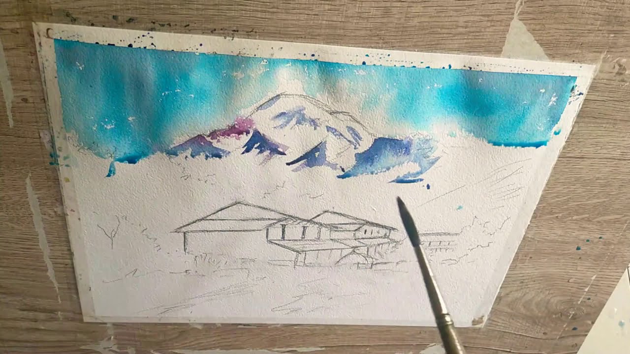Watercolor landscape painting of Nepal. Nepali village with beautiful Himalayan background.