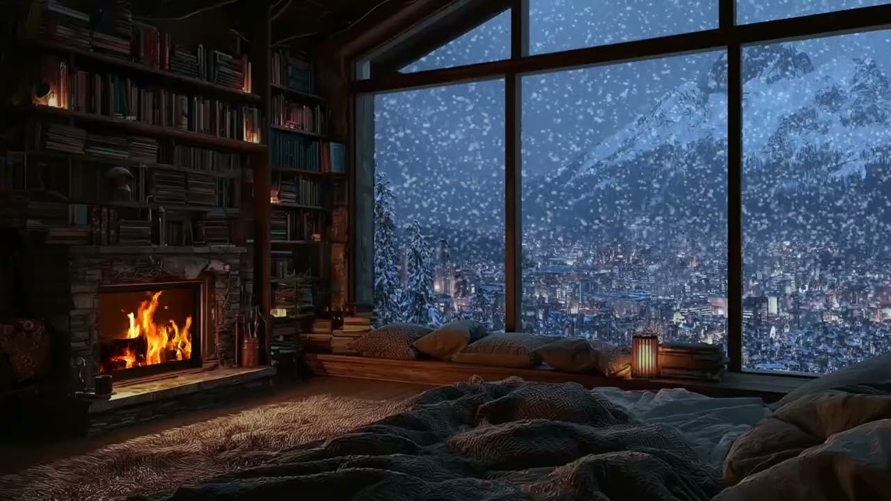 Warm Winter Cabin at Night ❄️ Soft Fireplace Sounds & Falling Snow for Deep, Restful Sleep