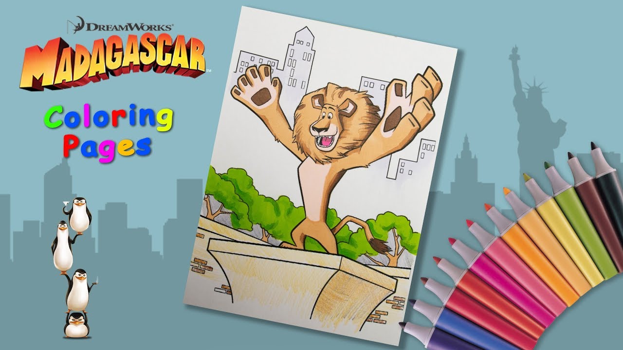 Coloring lion Alex. Madagascar coloring book for kids. How to draw a lion from the cartoon.