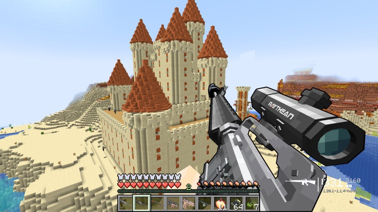 DESTROYING PILLAGER DESERT FORTRESS USING MODERN WEAPONS AND A TANK IN MINECRAFT