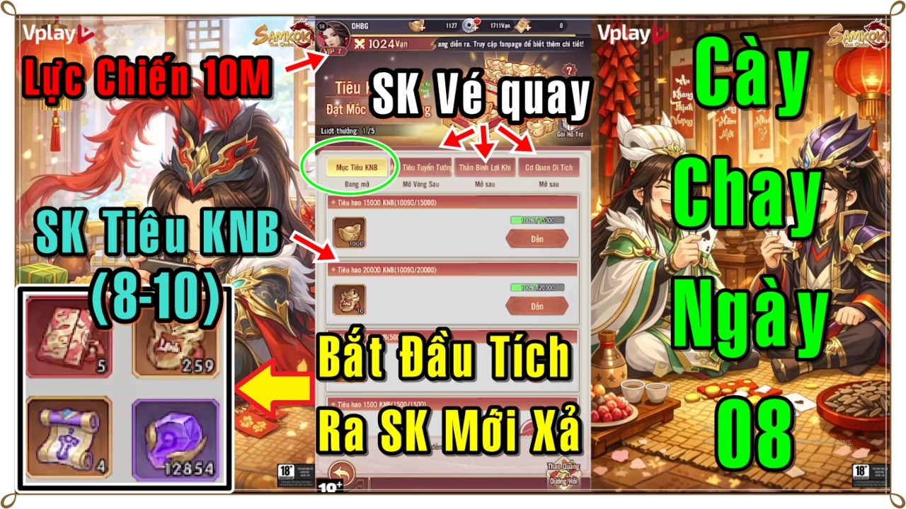 Samkok Tam Quốc Vplay Hướng Dẫn T&acirc;n Thủ Ng&agrave;y 8 ( Mở SK Ti&ecirc;u KNB && Bắt Đầu T&iacute;ch V&eacute; Ra SK Mới Xả )