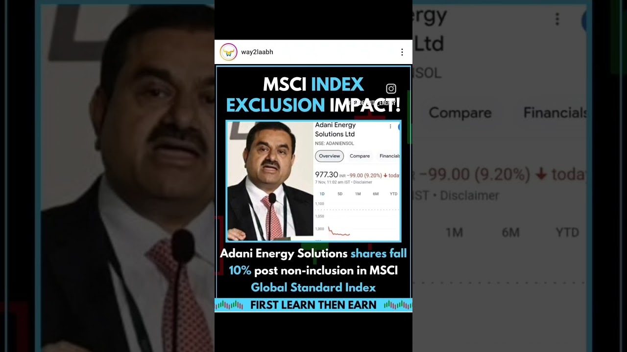 Adani Energy Solutions shares fall 10% post non-inclusion in MSCI #shorts #trading #msci #adani