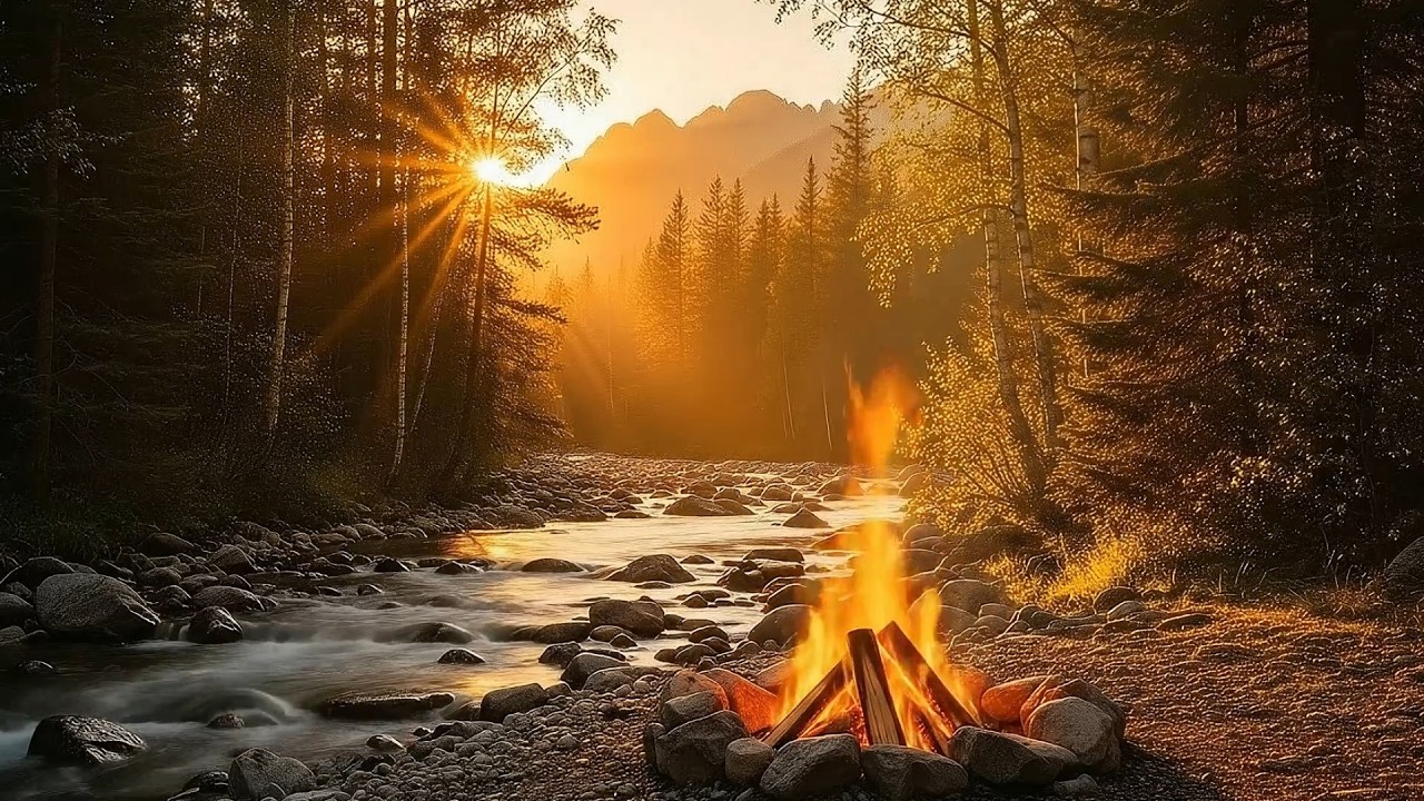 Golden Morning by the River 🌲 Forest Water Sounds & Crackling Campfire for Relaxing & Sleep