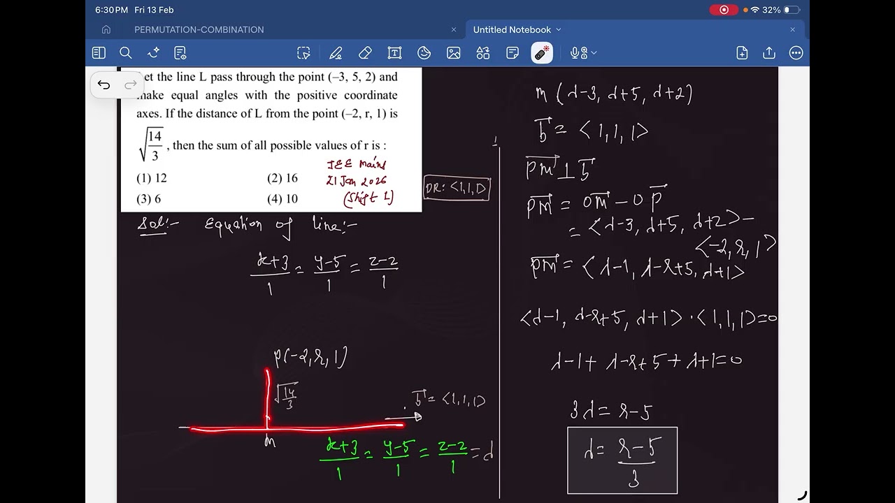 Line Making Equal Angles with Axes || Distance of a Point from a Line || JEE main 2026