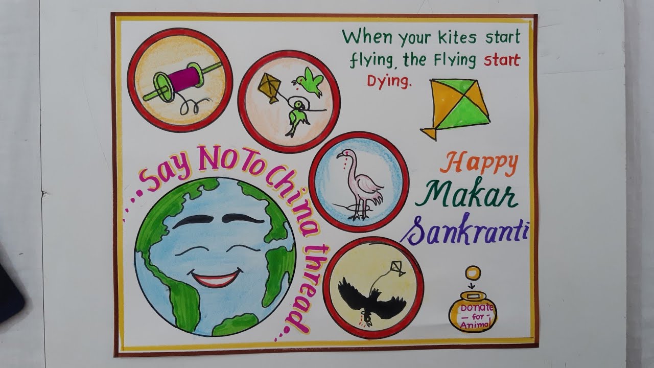 Makar Sankranti Drawing//Save Birds Poster Drawing//Say No To  China Thread Poster// Keshavlal Vora
