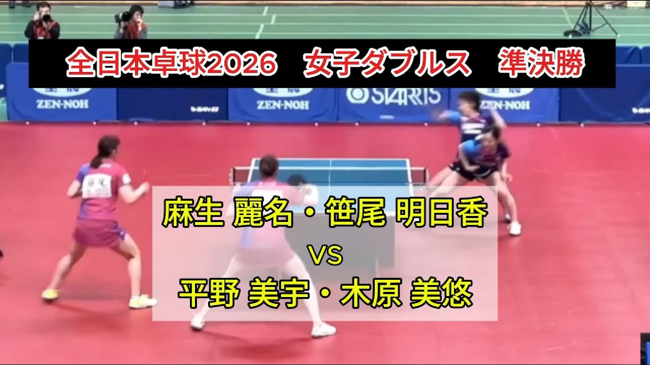 【全日本卓球2026】セットオールの死闘!!　決勝への切符を掴んだペアは!?　麻生麗名・笹尾明日香（日本生命）vs平野美宇・木原美悠（木下グループ・トップおとめピンポンズ）　女子ダブルス準決勝