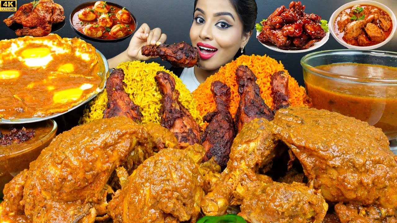 ASMR Eating Spicy Whole Chicken Curry,Fried Rice,Leg Piece,Egg Masala Big Bites ASMR Eating Mukbang