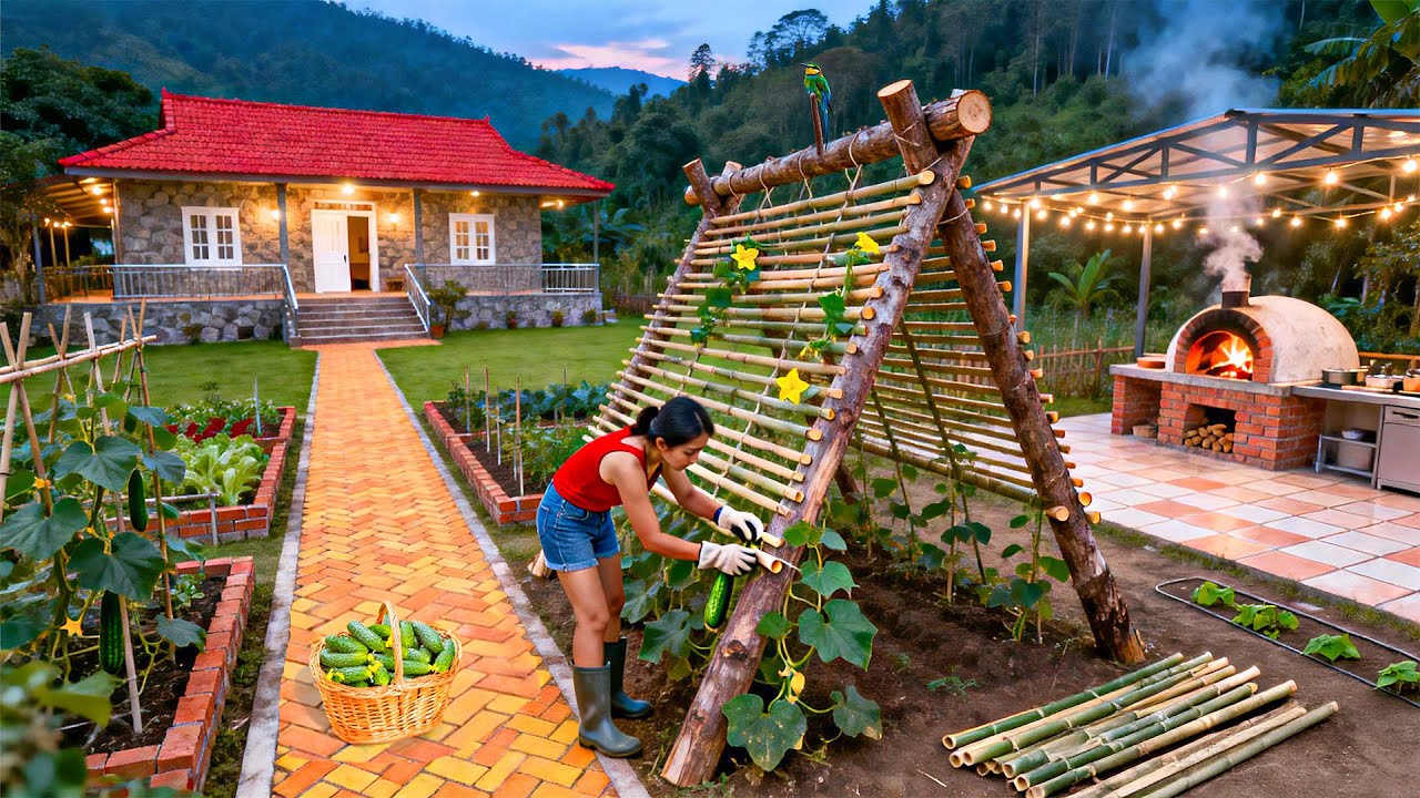 TIMELAPSE - A Woman Living Alone in The Forest: Building a Cucumber Trellis & Powering Her Farm