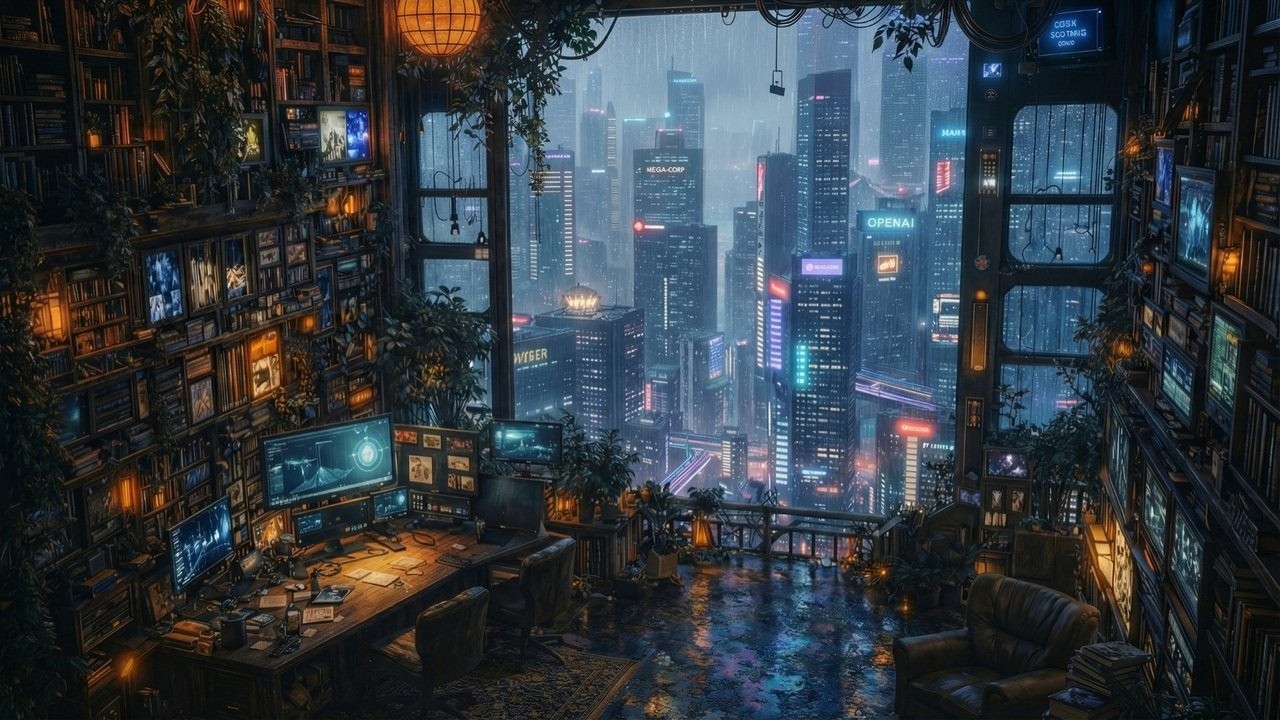 Relentless Rain in a High-Tech Sanctuary 🌃 Cyberpunk Library Ambience
