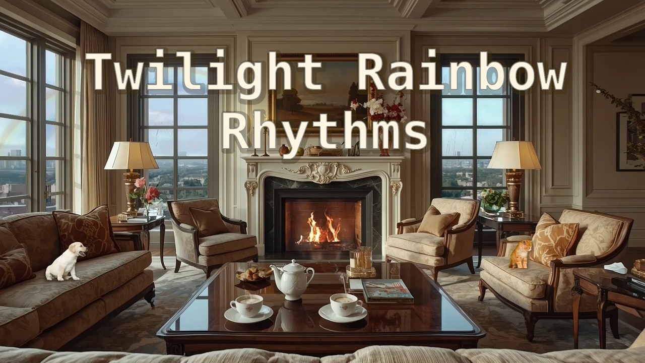 Rainbow Rhythms: Ginger Kitty & White Puppy by the Glowing Marble Hearth in Rainbow Rhythms