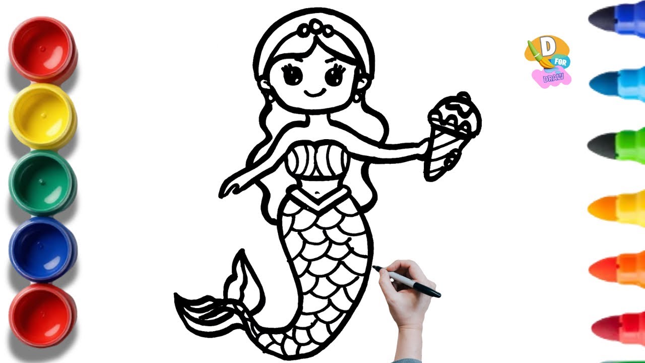 Cute Mermaid Holding Ice Cream Drawing for Kids