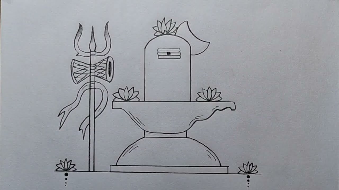 How to draw Shivling with Trishul| Shivling with Flower and Moon drawing| Shivling drawing easy