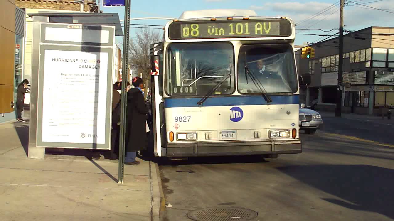 MTA Bus: 1999 OBI Orion V CNG Q8 Bus #9827 at Lefferts Blvd-101st Ave