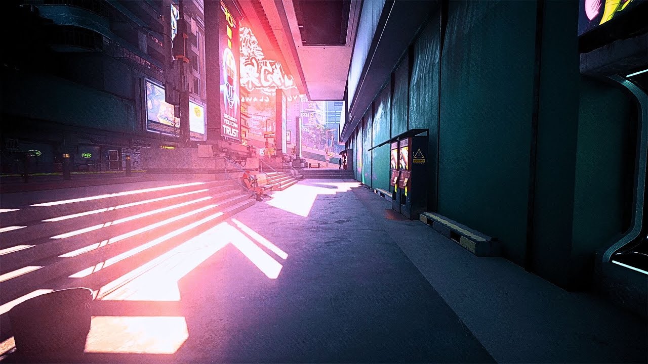Futuristic City Walk - Neon Signs and Towering Buildings