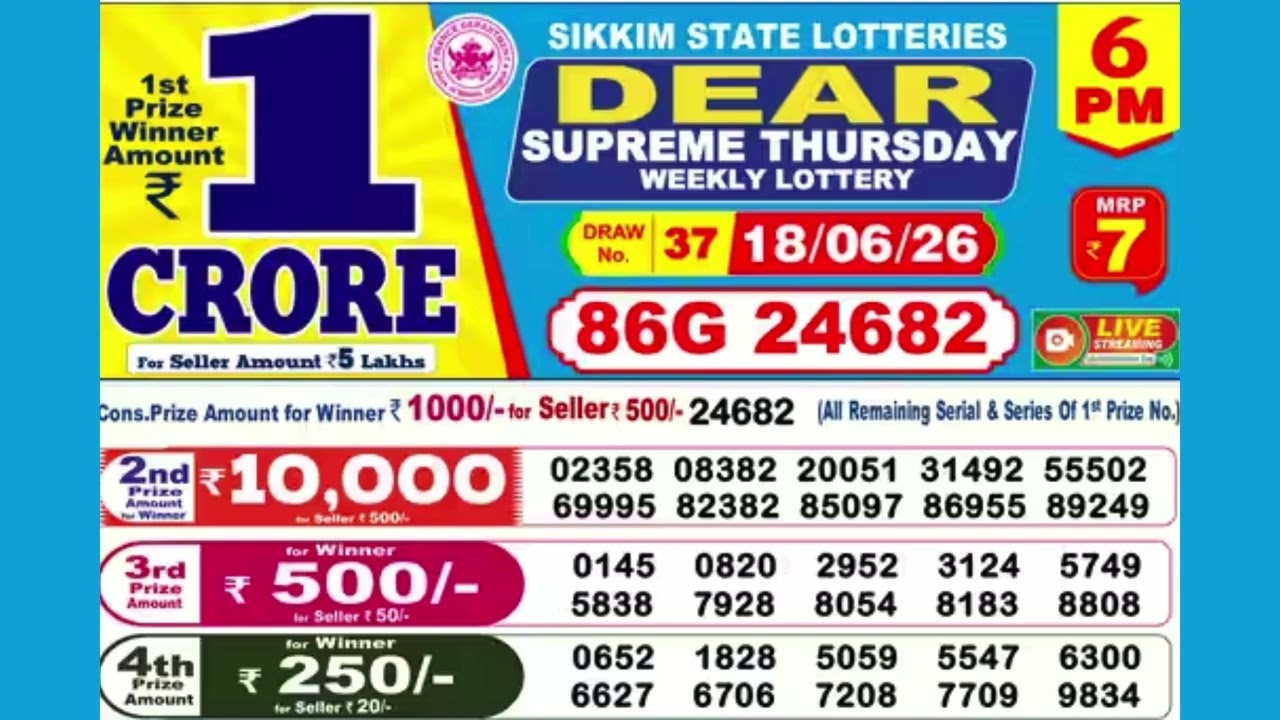DEAR SUPREME THURSDAY WEEKLY LOTTERY TODAY RESULT 6 PM 18/06/26#latest lottery result