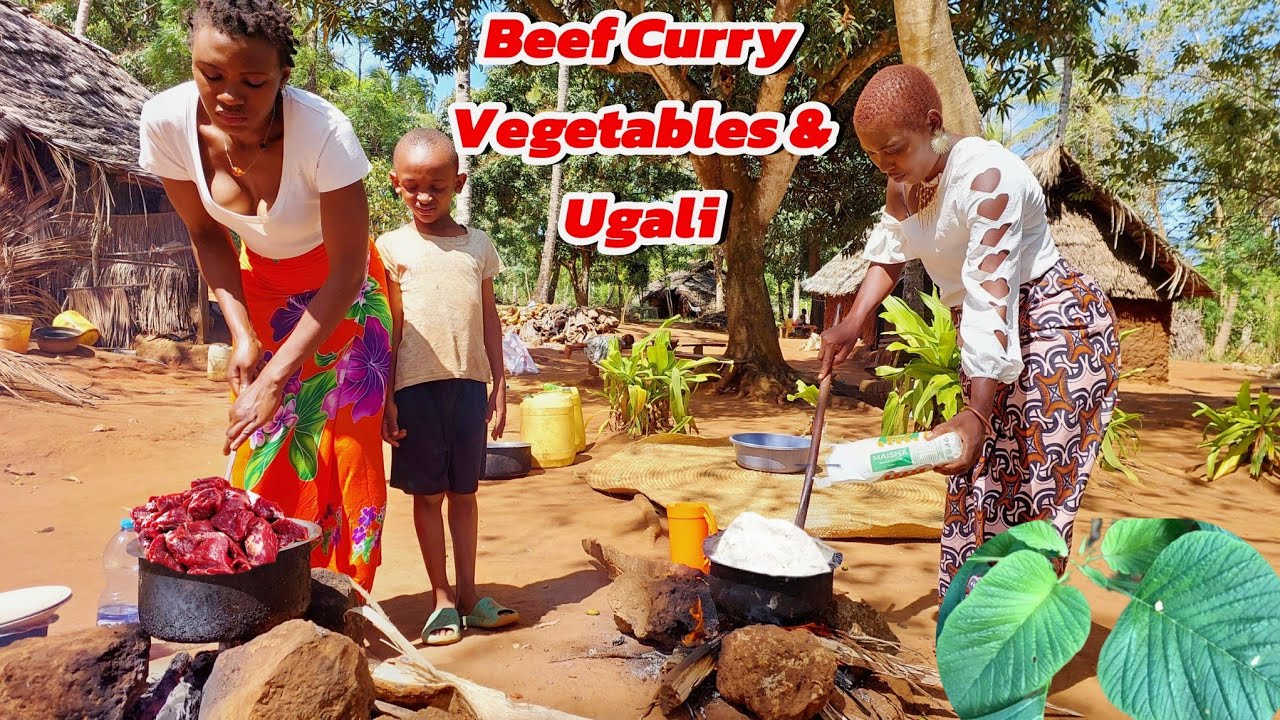African Village Life/ How to Cook Beef Curry, Vegetables and Corn Flour (ugali)