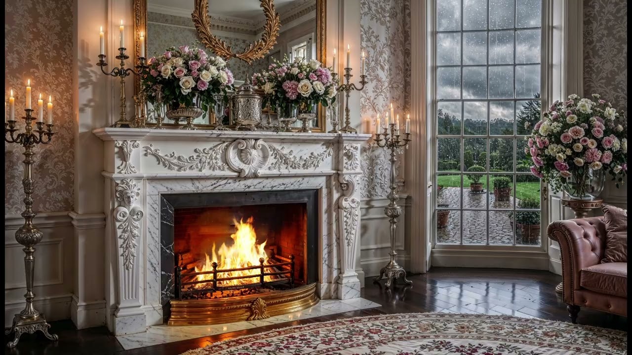 Rainy Day Bridgerton Fireplace Ambience 🌧️🔥 Cozy Regency Room with Rain & Crackling Fire Sounds