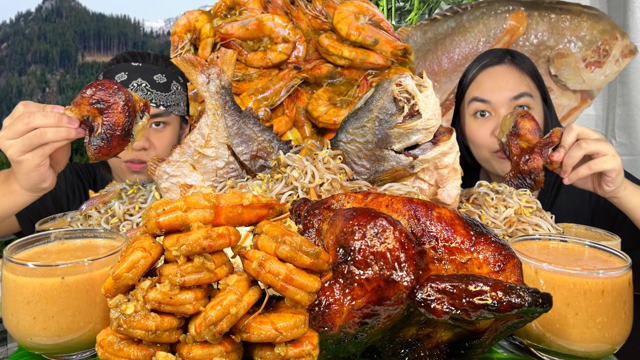 JUICY ROAST WHOLE CHICKEN, GARLIC BUTTER SHRIMP, FRIED FISH PAMPANO, TOGE RICE MUKBANG PINOY MUKBANG