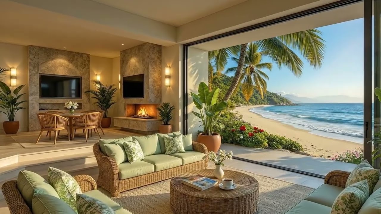 Luxury Beach House Ambience | Sunny Tropical View & Calm Ocean Waves Sounds for Deep Sleep 4K