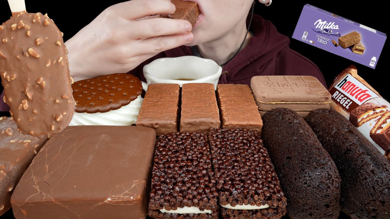 ASMR Milka Chocolate Cakes, Kinder Cards, Ferrero Bar, Haagen Dazs Ice Cream, Klondike, Twinkies