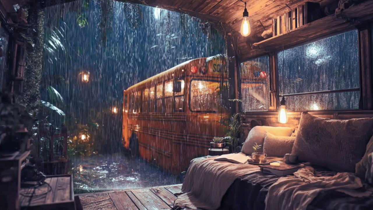 Heavy Rain on Bus Window & Soft Piano: Relaxing Rain Sounds for Sleeping & Focus