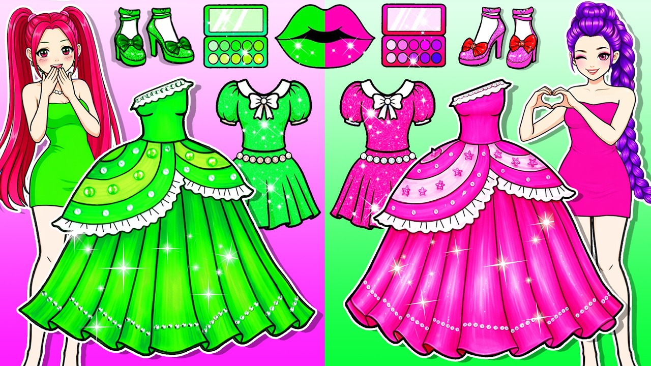 Pink VS Green 💗💚 Huntrix RUMI MIRA Makeup And Dress Up Contest Challenge Crafts | DIY Paper Dolls