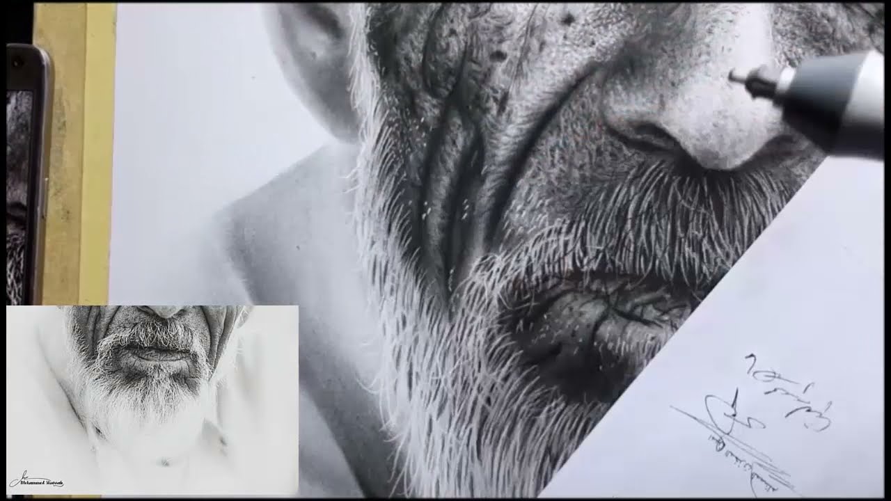 تعليم رسم البورتريه كامل بالفحم لرجل عجوز _الجزء السادس والاخير _ رسم شعر الذقن الابيض