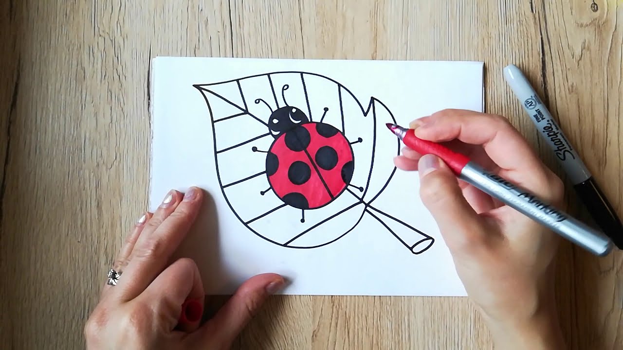 HOW TO DRAW a Ladybug on a leaf - coloring with markers.