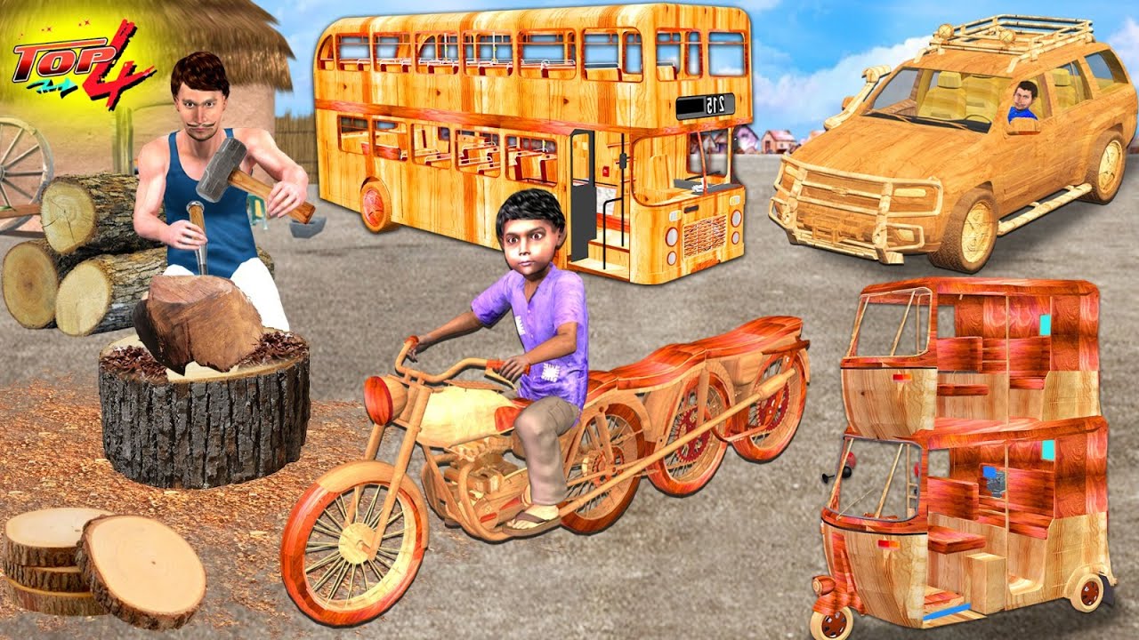 Garib Carpenter Wood Carving Mini Vehicles Motorbike Double Decker Auto Hindi Kahani Hindi Stories