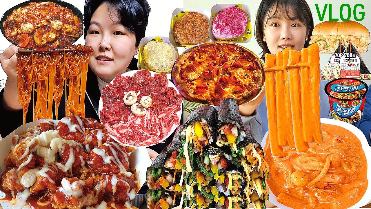 먹방 브이로그 | 배떡 로제떡볶이, 슈프림 양념치킨, 김밥 10줄 싸먹기, 두찜 빨간찜닭, 모어딥 도넛, 마장동 소고기, 피자, 감자샐러드, 편의점 Mukbang VLOG