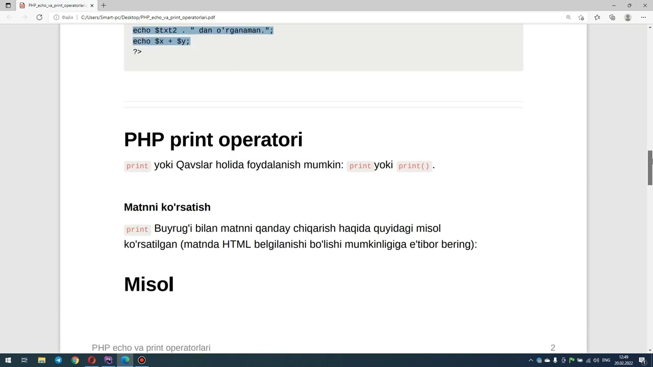 4-dars PHP boshlang'ich - PHP - da echo va print