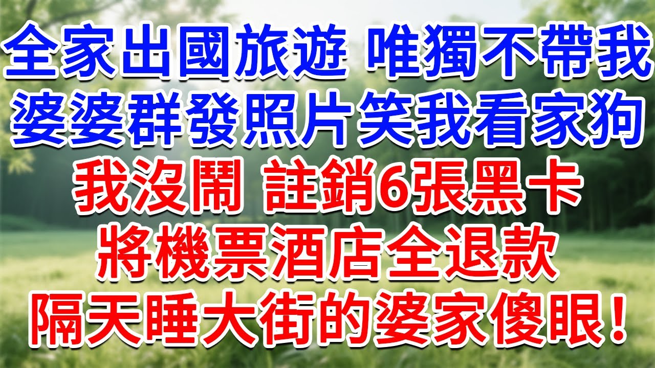 全家出國旅遊唯獨不帶我，婆婆群發照片笑我看家狗，我沒鬧 註銷全家6張黑卡，將機票酒店全退款，隔天睡大街的婆家傻眼了！#為人處世#生活經驗#情感故事#故事#小說#戀愛#情感#婚姻