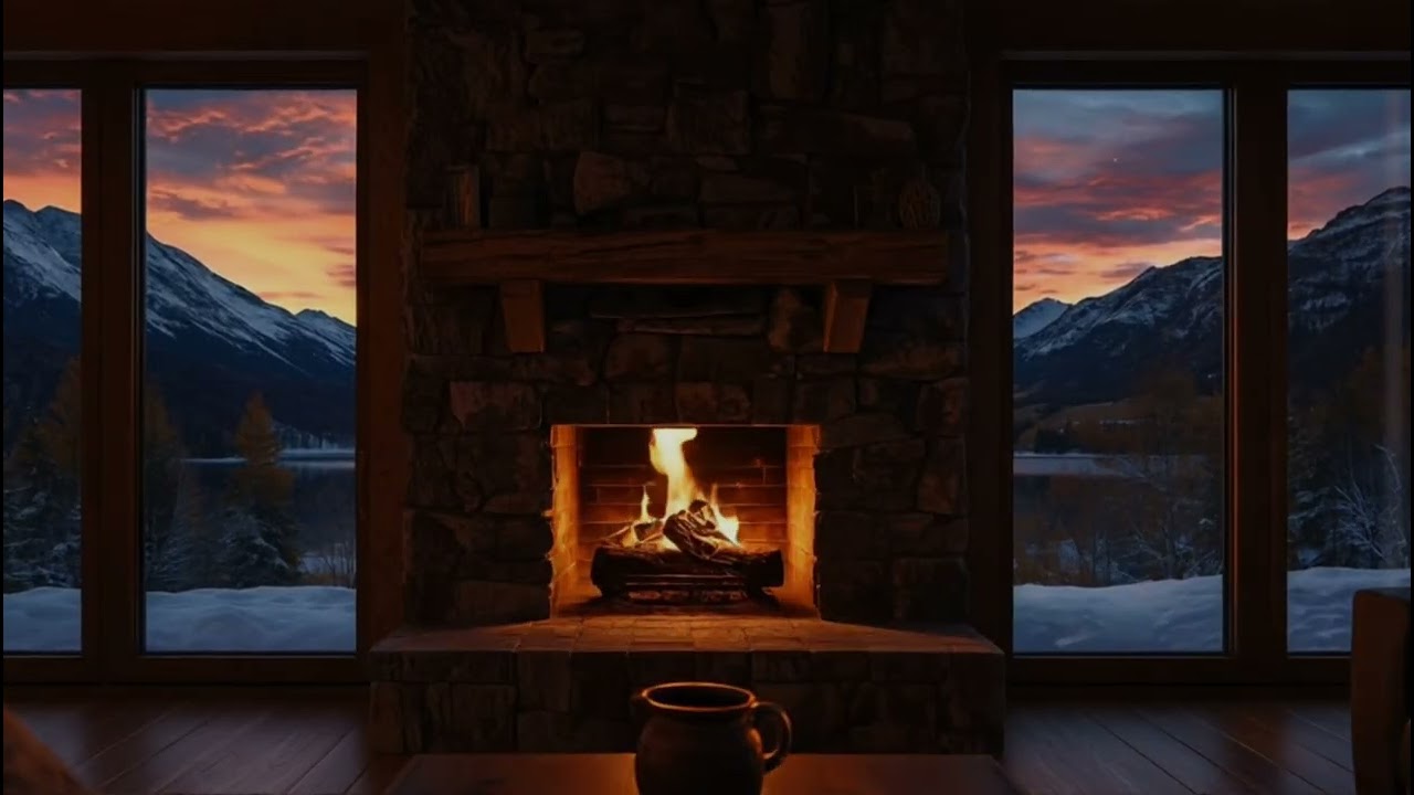 Warm Fireplace Sounds in a Snowy Mountain Cabin | 2 Hour Relaxing Fire Ambience