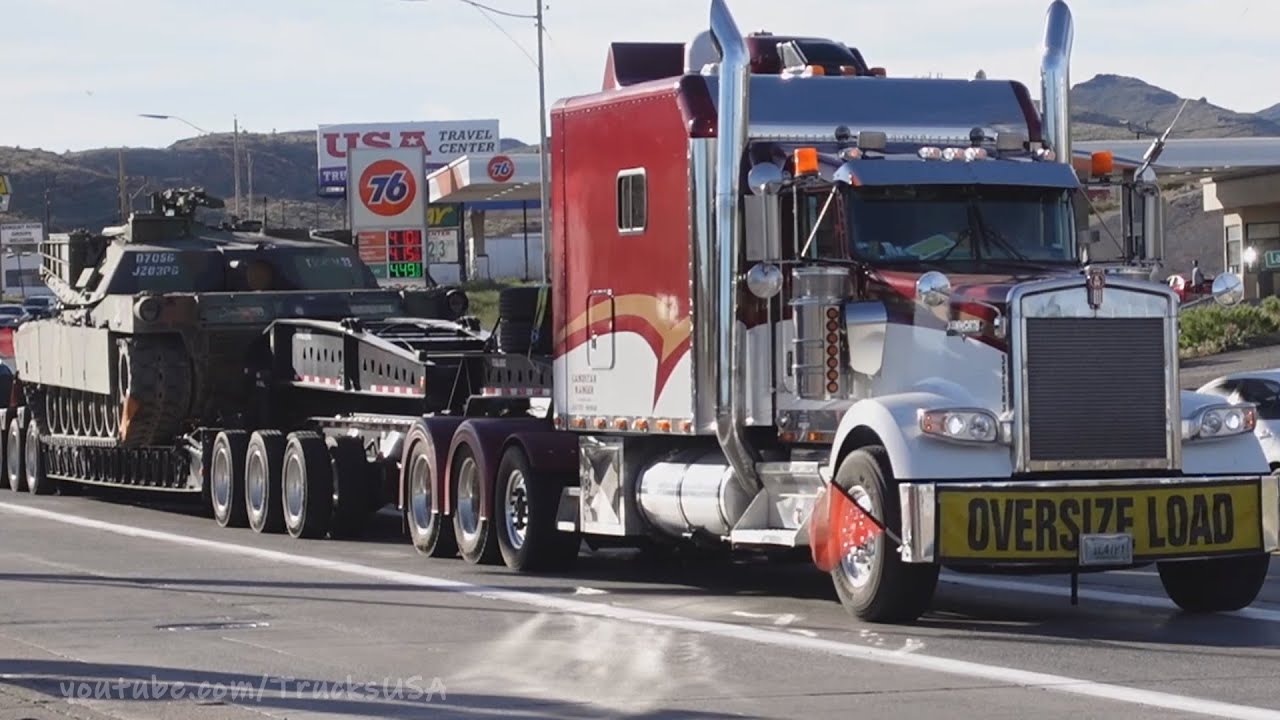 Trucks USA - Military Tank on trailer, oversize load truck spotting, many vehicles seen in Arizona.