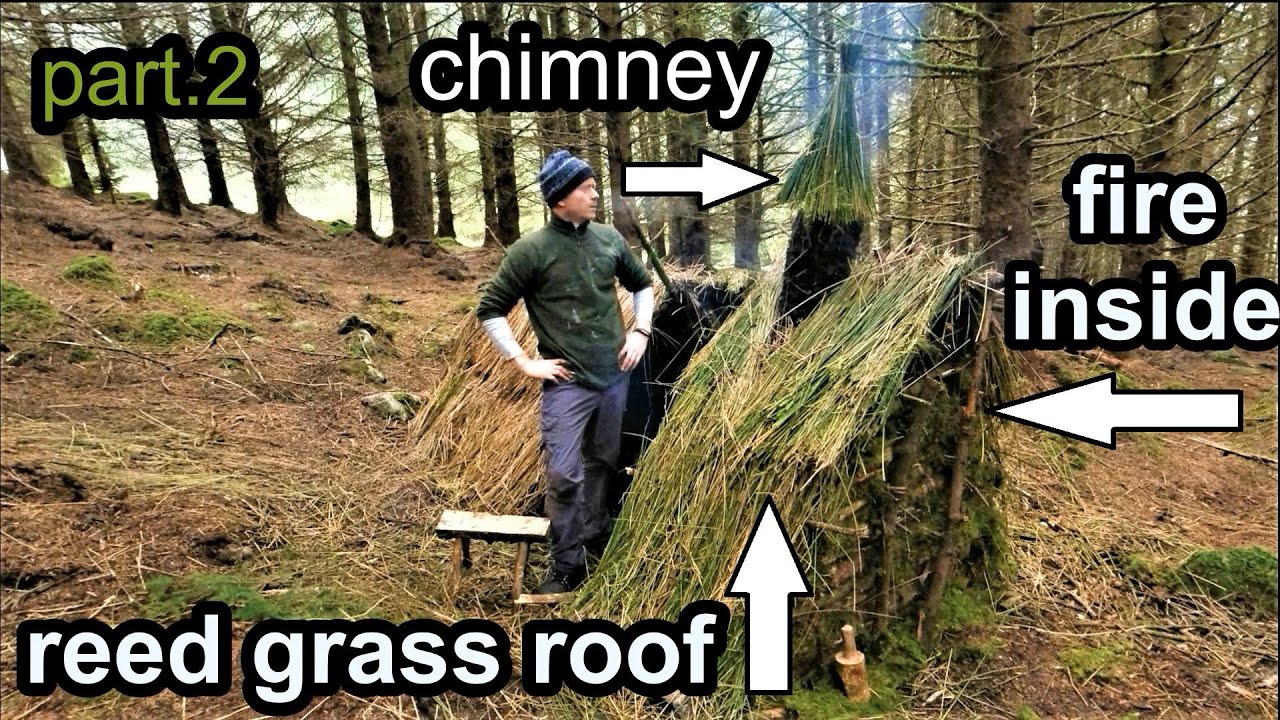 grass hut survival shelter pt.2 Bushcraft fireplace inside shelter , make camping chair,  cooking