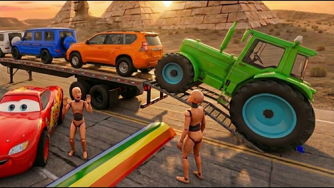 TRANSPORTING PIXAR CARS & FRUITS WITH COLORED & JOHN DEERE vs CLAAS vs TRACTORS - BeamNG.drive #33