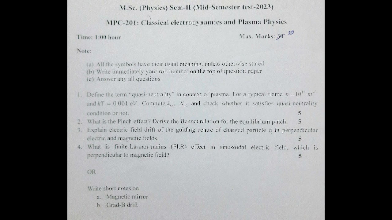 BHU M.Sc Physics sem-2 mid sem question paper (Classical electrodynamics & Plasma Physics) 2023