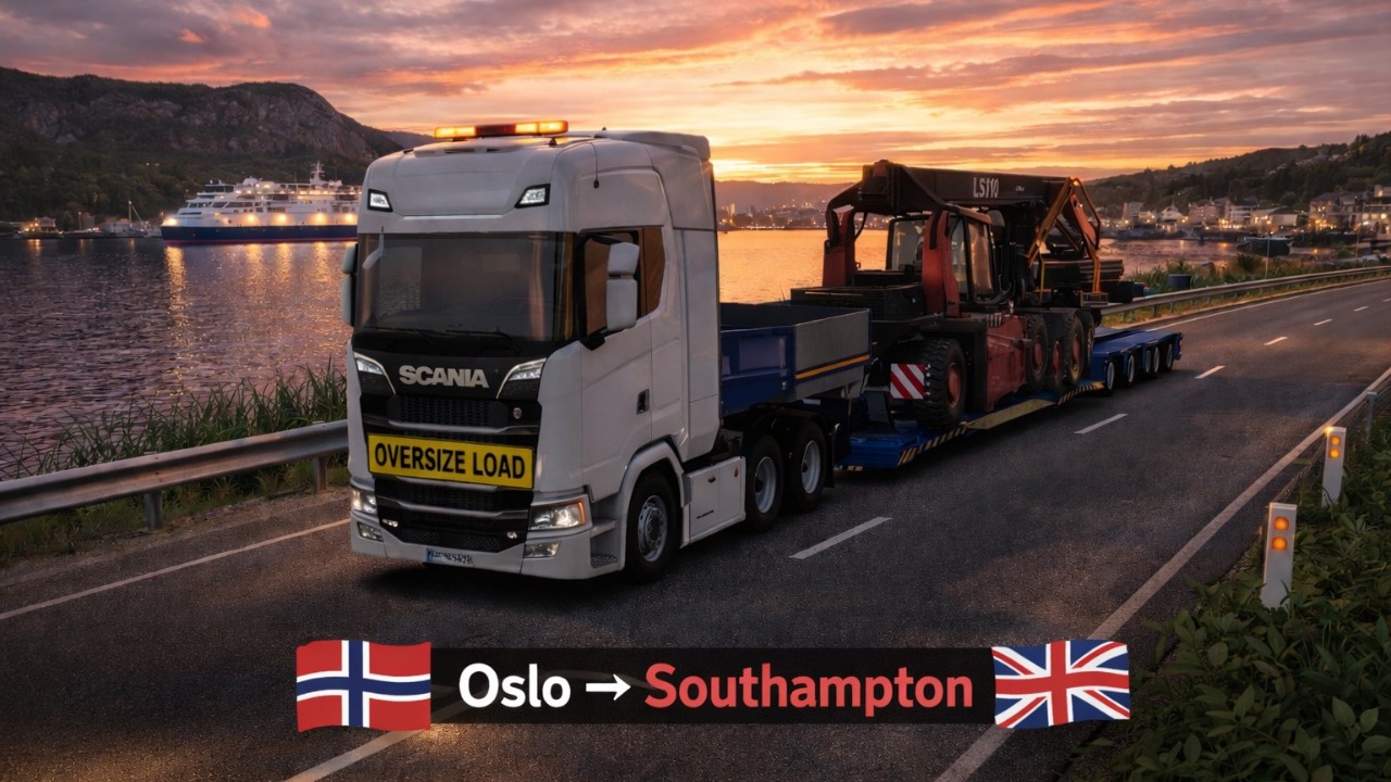 Scania S 770HP Hauling 54 TON Log Stacker 🇳🇴 Oslo → 🇬🇧 Southampton | Rainbow Drive & Close Call! 🌈🚛