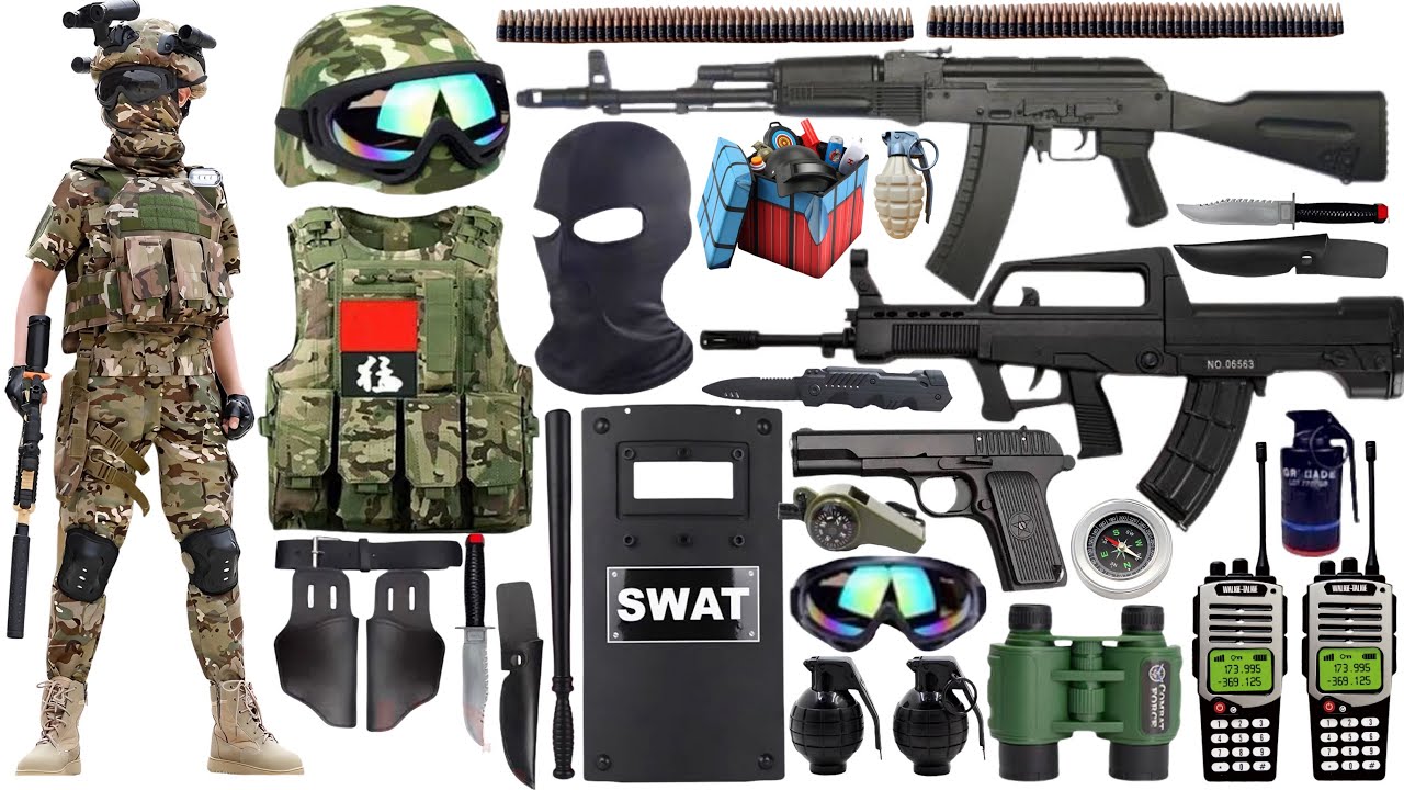 Special Forces military toy gun set unboxing, QBZ95, AK47 assault rifle, MP5 submachine gun, Glock