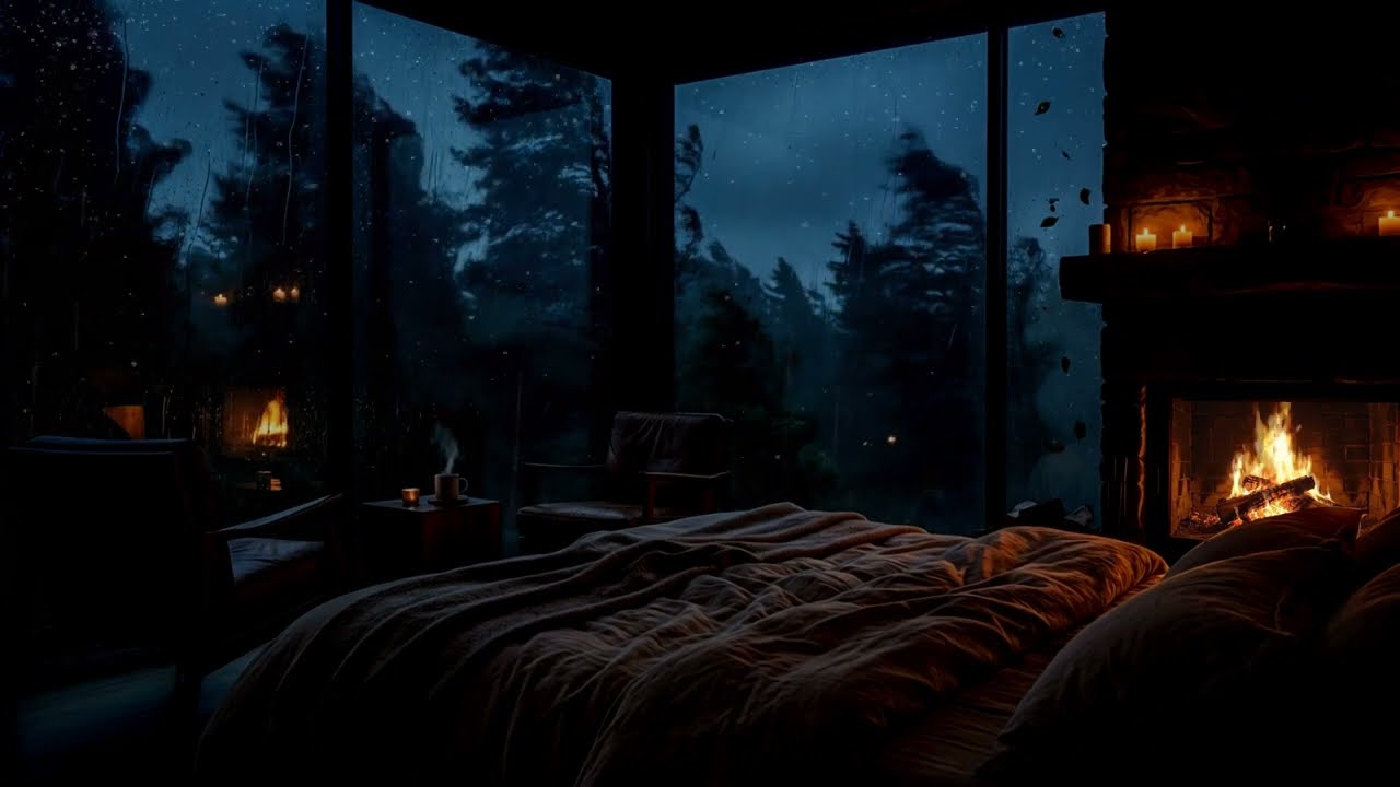 Wind, Rain & Crackling Fireplace 🔥🌧️ Cozy Storm Ambience for Sleep & Relax