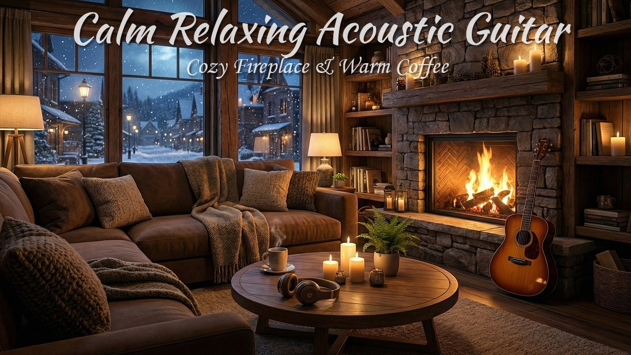 Calm Relaxing Acoustic Guitar for Anxiety Relief | Cozy Fireplace & Warm Coffee (2 Hours)