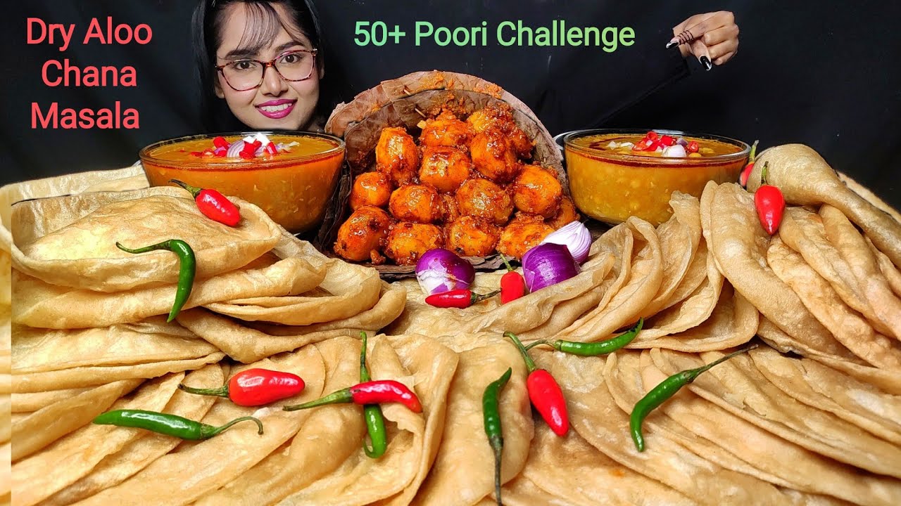 50+ Poori Eating Challenge, Dry Dum aloo, Chana Masala | Big Bites | Asmr Eating | Mukbang