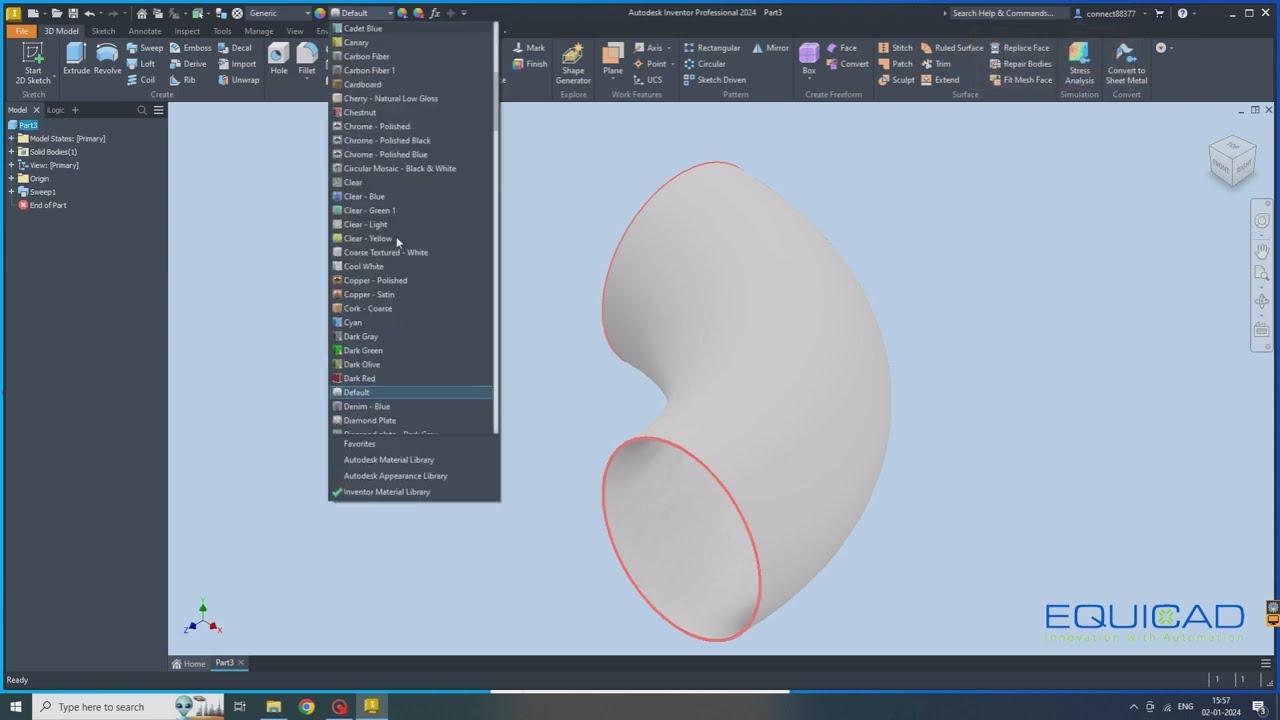 90 Degree Long Radius Elbow in Autodesk Inventor?