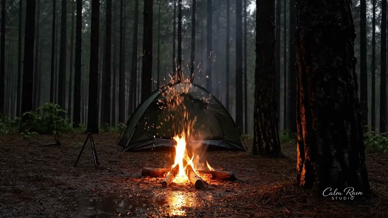 Rain on Tent with Crackling Campfire