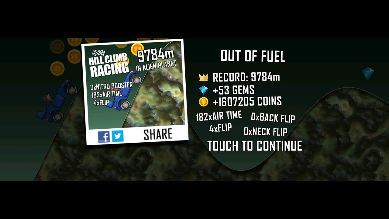 Hill Climb Racing: 9784m in Alien Planet on Rally Car (no boosters, no pets)