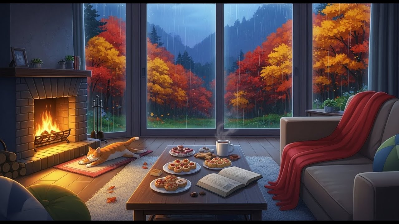 Peaceful Rainy Fireplace Night ☔🔥 | 4K Cozy Lofi for Reading & Deep Relaxation